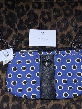 Coach Blue Polka Dot Wristlet with Black Leather Trim - Coach NWT